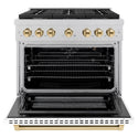 ZLINE Autograph Edition 36 in. 5.2 cu. ft. Paramount Gas Range with 6 Burner Cooktop and Convection Gas Oven in Satin Stainless Steel with White Matte Door and Polished Gold Accents, Open Box-Good Condition