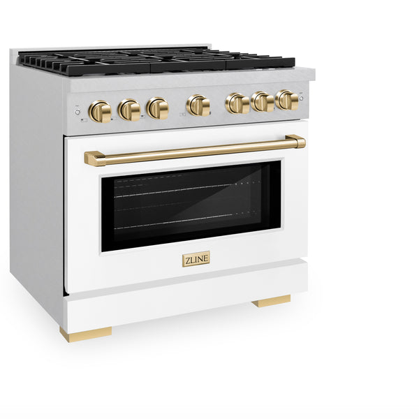 ZLINE Autograph Edition 36 in. 5.2 cu. ft. Paramount Gas Range with 6 Burner Cooktop and Convection Gas Oven in Satin Stainless Steel with White Matte Door and Polished Gold Accents, Open Box-Great Condition