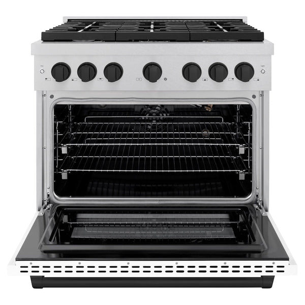 ZLINE Autograph Edition 36 in. 5.2 cu. ft. Paramount Gas Range with 6 Burner Cooktop and Convection Gas Oven in Satin Stainless Steel with White Matte Door and Matte Black Accents, Open Box-Good Condition
