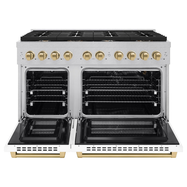 ZLINE Autograph Edition 48 in. 6.7 cu. ft. Paramount Double Oven Gas Range with 8 Burner Cooktop in Satin Stainless Steel with White Matte Doors and Champagne Bronze Accents, Open Box-Good Condition