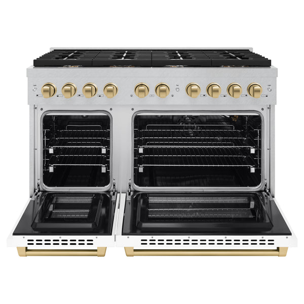 ZLINE Autograph Edition 48 in. 6.7 cu. ft. Paramount Double Oven Gas Range with 8 Burner Cooktop in Satin Stainless Steel with White Matte Doors and Champagne Bronze Accents, Open Box-Great Condition