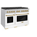 ZLINE Autograph Edition 48 in. 6.7 cu. ft. Paramount Double Oven Gas Range with 8 Burner Cooktop in Satin Stainless Steel with White Matte Doors and Champagne Bronze Accents (SGRSZ-WM-48-CB)