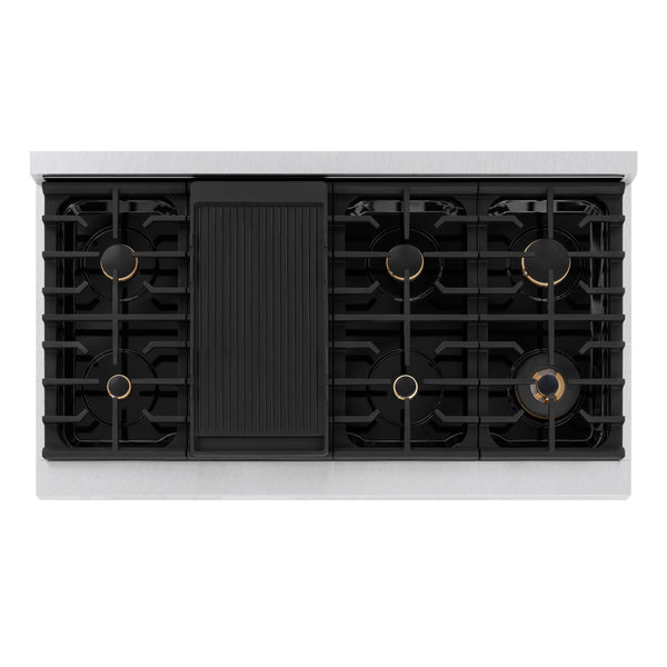 ZLINE Autograph Edition 48 in. 6.7 cu. ft. Paramount Double Oven Gas Range with 8 Burner Cooktop in Satin Stainless Steel with White Matte Doors and Champagne Bronze Accents (SGRSZ-WM-48-CB)