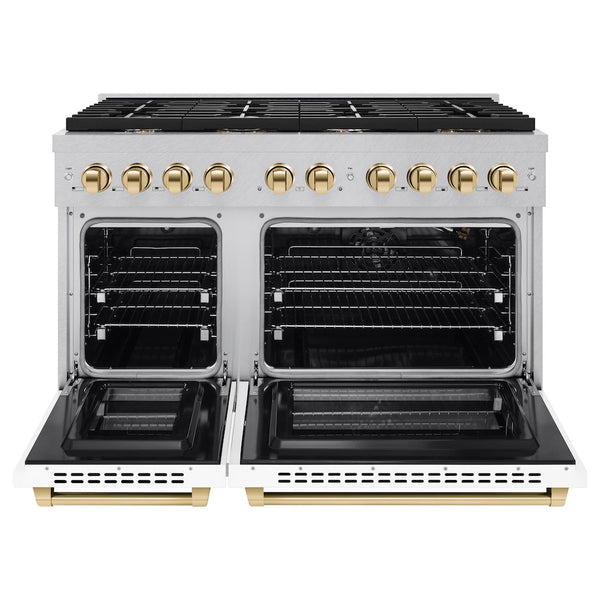 ZLINE Autograph Edition 48 in. 6.7 cu. ft. Paramount Double Oven Gas Range with 8 Burner Cooktop in Satin Stainless Steel with White Matte Doors and Polished Gold Accents, Open Box-Good Condition