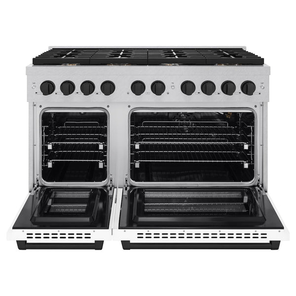 ZLINE Autograph Edition 48 in. 6.7 cu. ft. Paramount Double Oven Gas Range with 8 Burner Cooktop in Satin Stainless Steel with White Matte Doors and Matte Black Accents, Open Box-Good Condition