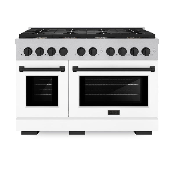 ZLINE Autograph Edition 48 in. 6.7 cu. ft. Paramount Double Oven Gas Range with 8 Burner Cooktop in Satin Stainless Steel with White Matte Doors and Matte Black Accents, Open Box-Good Condition