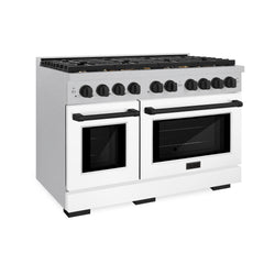 ZLINE Autograph Edition 48 in. 6.7 cu. ft. Paramount Double Oven Gas Range with 8 Burner Cooktop in Satin Stainless Steel with White Matte Doors and Matte Black Accents (SGRSZ-WM-48-MB)