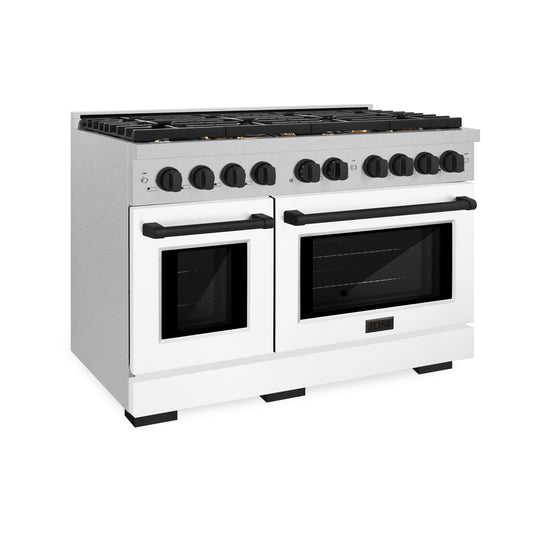 ZLINE Autograph Edition 48 in. 6.7 cu. ft. Paramount Double Oven Gas Range with 8 Burner Cooktop in Satin Stainless Steel with White Matte Doors and Matte Black Accents (SGRSZ-WM-48-MB)
