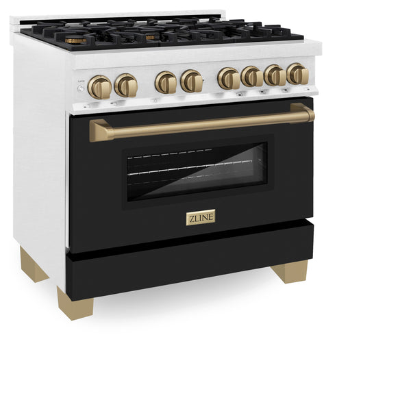 ZLINE Autograph Edition 36 in. 4.6 cu. ft. Dual Fuel Range with Gas Stove and Electric Oven in Fingerprint Resistant DuraSnow® Stainless Steel with Black Matte Door and Polished Gold Accents (RASZ-BLM-36-G)