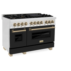 ZLINE Autograph Edition 48 in. 6.0 cu. ft. Legacy Dual Fuel Range with 7 Burner Gas Cooktop and 2 Electric Ovens in Satin Stainless Steel with Black Matte Doors and Champagne Bronze Accents (RASZ-BLM-48-CB)