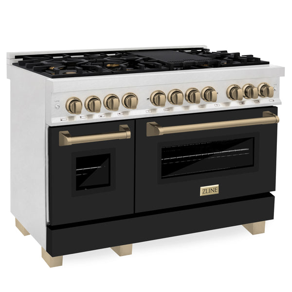 ZLINE Autograph Edition 48 in. 6.0 cu. ft. Dual Fuel Range with Gas Stove and Electric Oven in Fingerprint Resistant Stainless Steel with Black Matte Door and Champagne Bronze Accents (RASZ-BLM-48-CB)