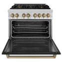 ZLINE Autograph Edition 36 in. 4.6 cu. ft. Legacy Dual Fuel Range with 6 Burner Gas Cooktop and Electric Convection Oven in Stainless Steel with Black Matte Door and Champagne Bronze Accents (RAZ-BLM-36-CB) front, oven open.