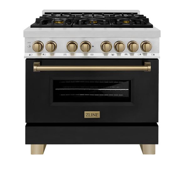 ZLINE Autograph Edition 36 in. 4.6 cu. ft. Legacy Dual Fuel Range with 6 Burner Gas Cooktop and Electric Convection Oven in Stainless Steel with Black Matte Door and Champagne Bronze Accents, Open Box-Good Condition