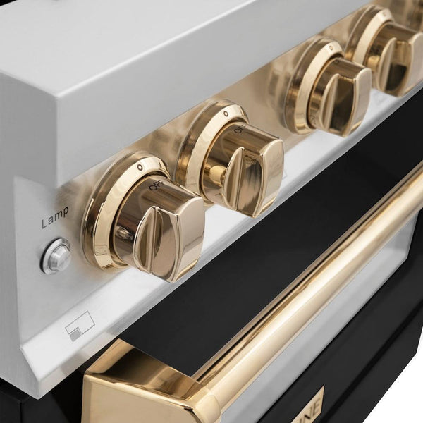 ZLINE Autograph Edition 36 in. 4.6 cu. ft. Legacy Dual Fuel Range with 6 Burner Gas Cooktop and Electric Convection Oven in Stainless Steel with Black Matte Door and Polished Gold Accents (RAZ-BLM-36-G) side, control knobs close-up.