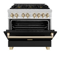 ZLINE Autograph Edition 36 in. 4.6 cu. ft. Legacy Dual Fuel Range with 6 Burner Gas Cooktop and Electric Convection Oven in Stainless Steel with Black Matte Door and Polished Gold Accents, Open Box-Good Condition