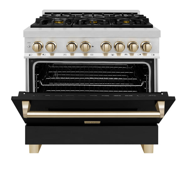 ZLINE Autograph Edition 36 in. 4.6 cu. ft. Legacy Dual Fuel Range with 6 Burner Gas Cooktop and Electric Convection Oven in Stainless Steel with Black Matte Door and Polished Gold Accents, Open Box-Good Condition