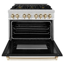ZLINE Autograph Edition 36 in. 4.6 cu. ft. Legacy Dual Fuel Range with 6 Burner Gas Cooktop and Electric Convection Oven in Stainless Steel with Black Matte Door and Polished Gold Accents, Open Box-Good Condition