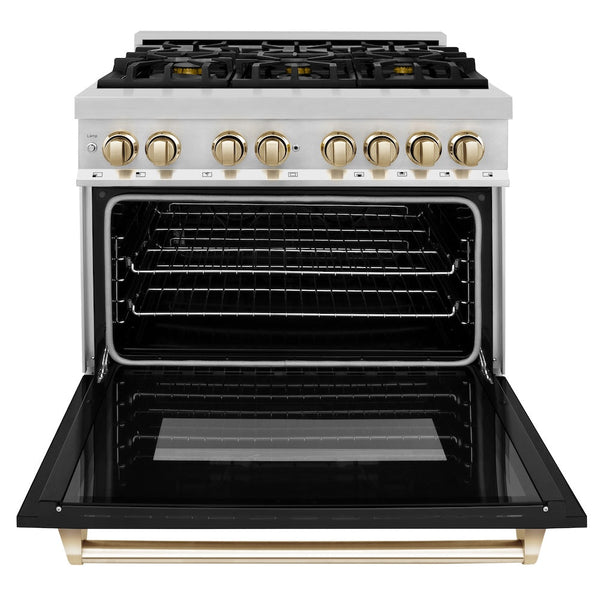 ZLINE Autograph Edition 36 in. 4.6 cu. ft. Legacy Dual Fuel Range with 6 Burner Gas Cooktop and Electric Convection Oven in Stainless Steel with Black Matte Door and Polished Gold Accents, Open Box-Good Condition