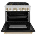 ZLINE Autograph Edition 36 in. 4.6 cu. ft. Legacy Dual Fuel Range with 6 Burner Gas Cooktop and Electric Convection Oven in Stainless Steel with Black Matte Door and Polished Gold Accents (RAZ-BLM-36-G) front, oven open.