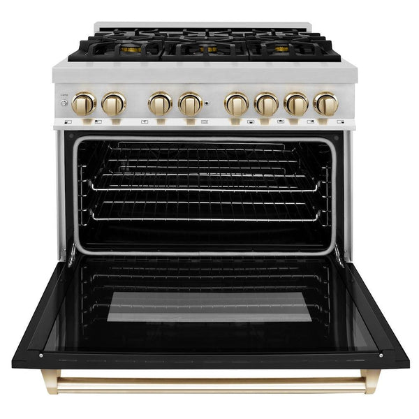 ZLINE Autograph Edition 36 in. 4.6 cu. ft. Legacy Dual Fuel Range with 6 Burner Gas Cooktop and Electric Convection Oven in Stainless Steel with Black Matte Door and Polished Gold Accents (RAZ-BLM-36-G) front, oven open.
