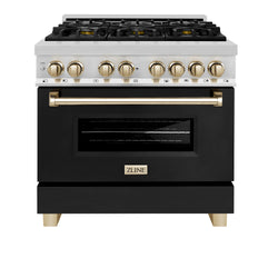 ZLINE Autograph Edition 36" 4.6 cu. ft. Dual Fuel Range with Gas Stove and Electric Oven in Stainless Steel with Black Matte Door and Polished Gold Accents (RAZ-BLM-36-G)
