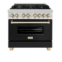 ZLINE Autograph Edition 36 in. 4.6 cu. ft. Legacy Dual Fuel Range with 6 Burner Gas Cooktop and Electric Convection Oven in Stainless Steel with Black Matte Door and Polished Gold Accents (RAZ-BLM-36-G) front, oven closed.