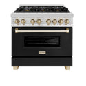 ZLINE Autograph Edition 36 in. 4.6 cu. ft. Legacy Dual Fuel Range with 6 Burner Gas Cooktop and Electric Convection Oven in Stainless Steel with Black Matte Door and Polished Gold Accents, Open Box-Good Condition