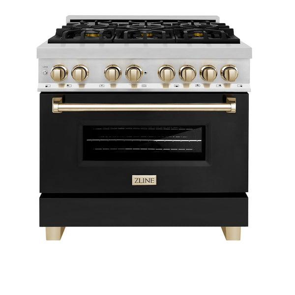 ZLINE Autograph Edition 36 in. 4.6 cu. ft. Legacy Dual Fuel Range with 6 Burner Gas Cooktop and Electric Convection Oven in Stainless Steel with Black Matte Door and Polished Gold Accents, Open Box-Good Condition
