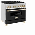 ZLINE Autograph Edition 36 in. 4.6 cu. ft. Legacy Dual Fuel Range with 6 Burner Gas Cooktop and Electric Convection Oven in Stainless Steel with Black Matte Door and Polished Gold Accents (RAZ-BLM-36-G) side, oven closed.