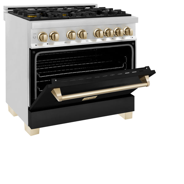 ZLINE Autograph Edition 36" 4.6 cu. ft. Dual Fuel Range with Gas Stove and Electric Oven in Stainless Steel with Black Matte Door and Polished Gold Accents (RAZ-BLM-36-G)