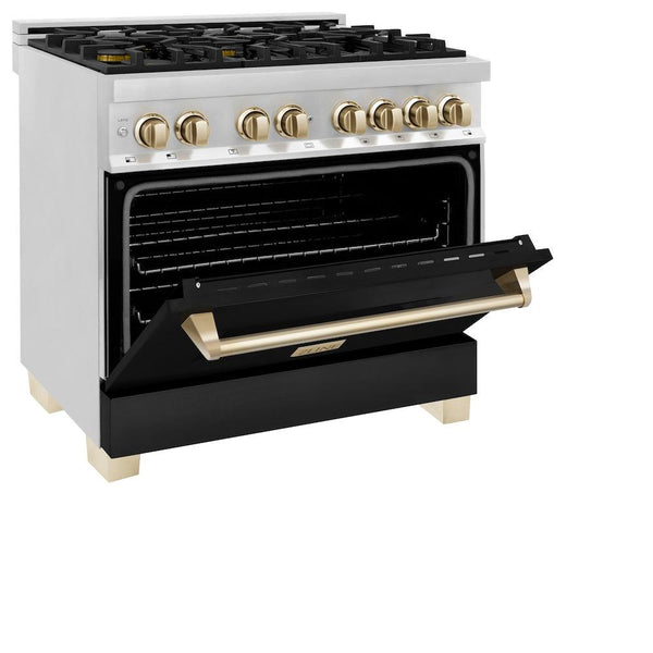 ZLINE Autograph Edition 36 in. 4.6 cu. ft. Legacy Dual Fuel Range with 6 Burner Gas Cooktop and Electric Convection Oven in Stainless Steel with Black Matte Door and Polished Gold Accents (RAZ-BLM-36-G) side, oven half open.