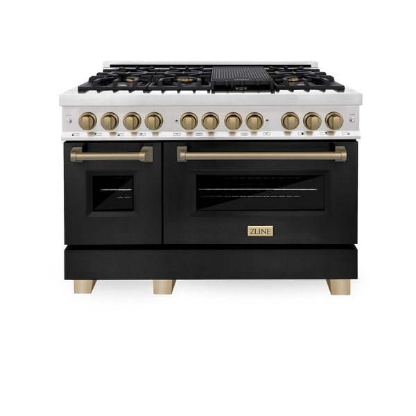 ZLINE Autograph Edition 48 in. 6.0 cu. ft. Legacy Dual Fuel Range with 7 Burner Gas Cooktop and 2 Electric Ovens in Stainless Steel with Black Matte Doors and Champagne Bronze Accents, Open Box-Good Condition