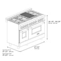 ZLINE Autograph Edition 48 in. 6.0 cu. ft. Legacy Dual Fuel Range with 7 Burner Gas Cooktop and 2 Electric Ovens in Stainless Steel with Black Matte Doors and Polished Gold Accents (RAZ-BLM-48-G) dimensional diagram.