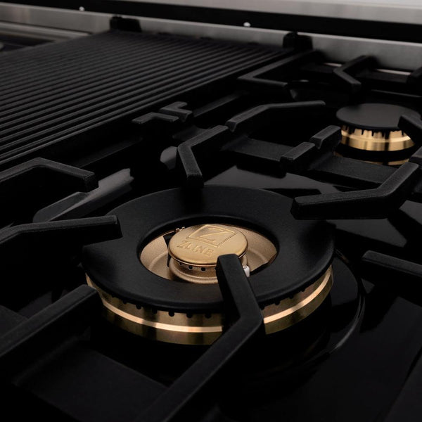 ZLINE Autograph Edition 48 in. 6.0 cu. ft. Dual Fuel Range with Gas Stove and Electric Oven in Stainless Steel with Black Matte Doors and Polished Gold Accents (RAZ-BLM-48-G)