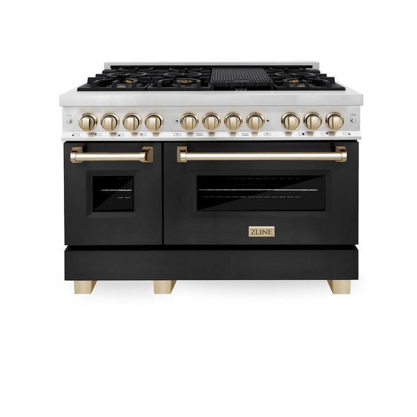 ZLINE Autograph Edition 48 in. 6.0 cu. ft. Legacy Dual Fuel Range with 7 Burner Gas Cooktop and 2 Electric Ovens in Stainless Steel with Black Matte Doors and Polished Gold Accents, Open Box-Good Condition