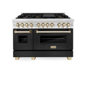 ZLINE Autograph Edition 48 in. 6.0 cu. ft. Legacy Dual Fuel Range with 7 Burner Gas Cooktop and 2 Electric Ovens in Stainless Steel with Black Matte Doors and Polished Gold Accents (RAZ-BLM-48-G) front, oven closed.