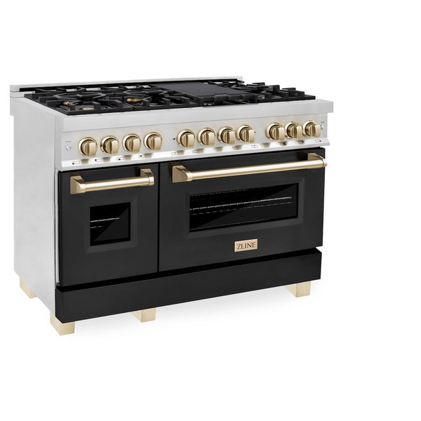 ZLINE Autograph Edition 48 in. 6.0 cu. ft. Legacy Dual Fuel Range with 7 Burner Gas Cooktop and 2 Electric Ovens in Stainless Steel with Black Matte Doors and Polished Gold Accents, Open Box-Good Condition