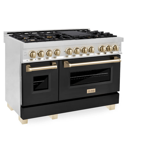 ZLINE Autograph Edition 48 in. 6.0 cu. ft. Legacy Dual Fuel Range with 7 Burner Gas Cooktop and 2 Electric Ovens in Stainless Steel with Black Matte Doors and Polished Gold Accents, Open Box-Great Condition