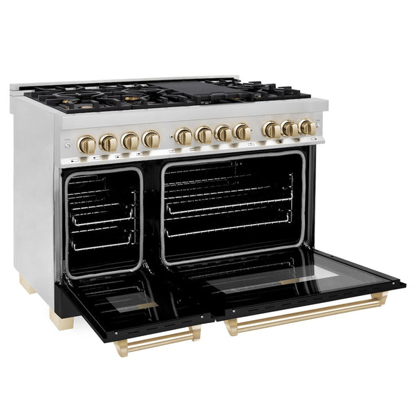 ZLINE Autograph Edition 48 in. 6.0 cu. ft. Legacy Dual Fuel Range with 7 Burner Gas Cooktop and 2 Electric Ovens in Stainless Steel with Black Matte Doors and Polished Gold Accents, Open Box-Good Condition