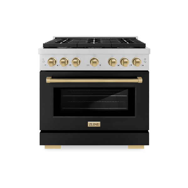 ZLINE Autograph Edition 36 in. 5.2 cu. ft. Paramount Dual Fuel Range with 6 Burner Gas Cooktop and Electric Convection Oven in Stainless Steel with Black Matte Door and Champagne Bronze Accents, Open Box-Great Condition