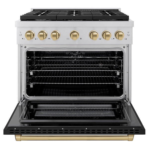ZLINE Autograph Edition 36 in. 5.2 cu. ft. Paramount Dual Fuel Range with 6 Burner Gas Cooktop and Electric Convection Oven in Stainless Steel with Black Matte Door and Champagne Bronze Accents, Open Box-Good Condition