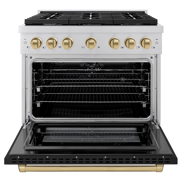 ZLINE Autograph Edition 36 in. 5.2 cu. ft. Paramount Dual Fuel Range with 6 Burner Gas Cooktop and Electric Convection Oven in Stainless Steel with Black Matte Door and Champagne Bronze Accents, Open Box-Great Condition
