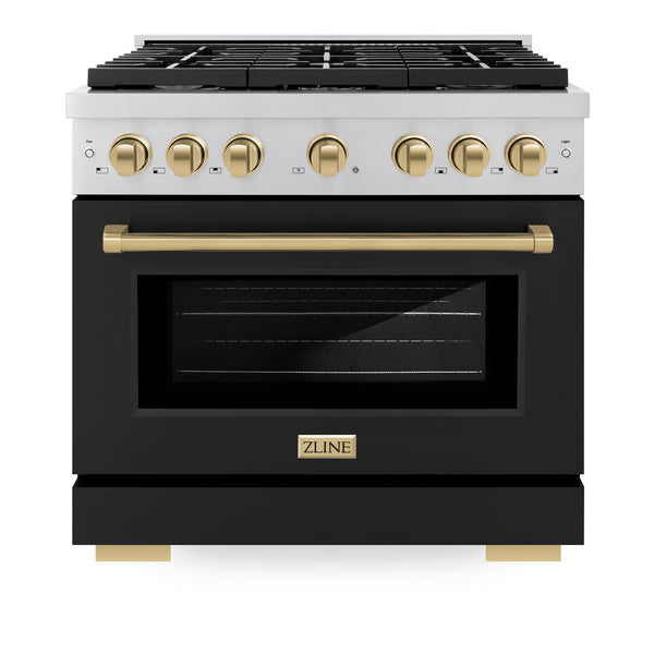 ZLINE Autograph Edition 36 in. 5.2 cu. ft. Paramount Dual Fuel Range with 6 Burner Gas Cooktop and Electric Convection Oven in Stainless Steel with Black Matte Door and Champagne Bronze Accents, Open Box-Great Condition