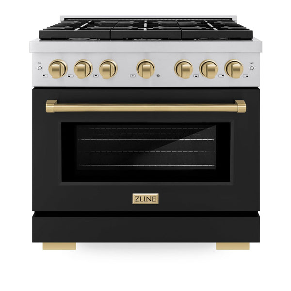 ZLINE Autograph Edition 36 in. 5.2 cu. ft. Paramount Dual Fuel Range with 6 Burner Gas Cooktop and Electric Convection Oven in Stainless Steel with Black Matte Door and Champagne Bronze Accents (SDRZ-BLM-36-CB) front, oven closed.