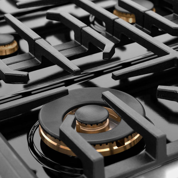 ZLINE Autograph Edition 36 in. 5.2 cu. ft. Paramount Dual Fuel Range with 6 Burner Gas Cooktop and Electric Convection Oven in Stainless Steel with Black Matte Door and Champagne Bronze Accents (SDRZ-BLM-36-CB) extreme close-up, burners and cast-iron grates on gas cooktop.