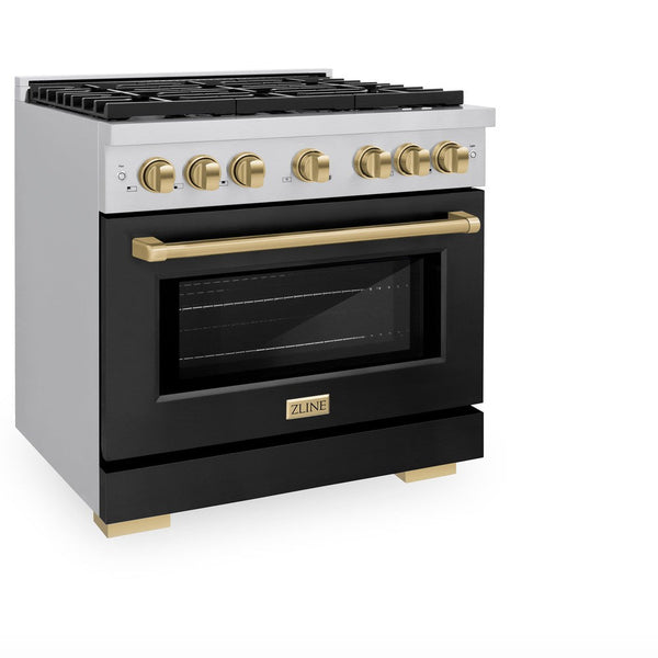 ZLINE Autograph Edition 36 in. 5.2 cu. ft. Paramount Dual Fuel Range with 6 Burner Gas Cooktop and Electric Convection Oven in Stainless Steel with Black Matte Door and Champagne Bronze Accents (SDRZ-BLM-36-CB) side, oven closed.