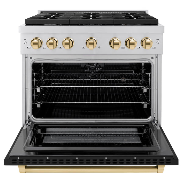 ZLINE Autograph Edition 36 in. 5.2 cu. ft. Paramount Dual Fuel Range with 6 Burner Gas Cooktop and Electric Convection Oven in Stainless Steel with Black Matte Door and Polished Gold Accents, Open Box-Great Condition