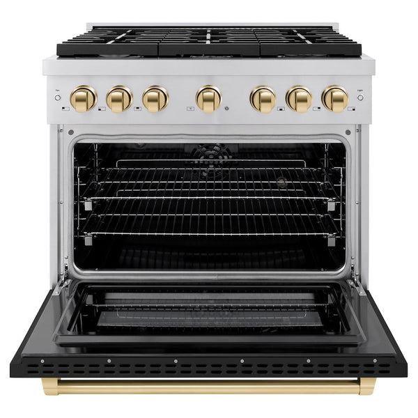 ZLINE Autograph Edition 36 in. 5.2 cu. ft. Paramount Dual Fuel Range with 6 Burner Gas Cooktop and Electric Convection Oven in Stainless Steel with Black Matte Door and Polished Gold Accents, Open Box-Good Condition
