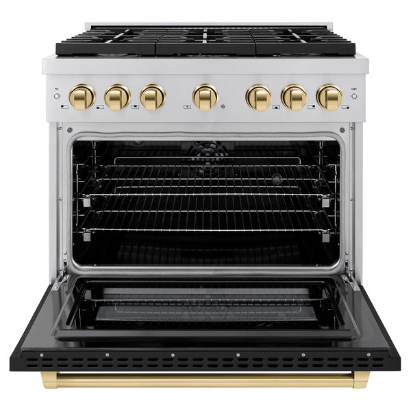 ZLINE Autograph Edition 36 in. 5.2 cu. ft. Paramount Dual Fuel Range with 6 Burner Gas Cooktop and Electric Convection Oven in Stainless Steel with Black Matte Door and Polished Gold Accents (SDRZ-BLM-36-G)