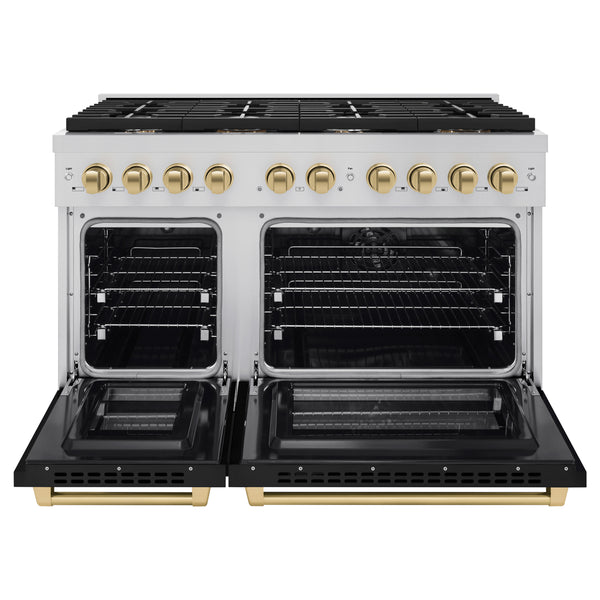 ZLINE Autograph Edition 48 in. 6.7 cu. ft. Paramount Double Oven Dual Fuel Range with 8 Burner Gas Cooktop in Stainless Steel with Black Matte Doors and Champagne Bronze Accents, Open Box-Great Condition